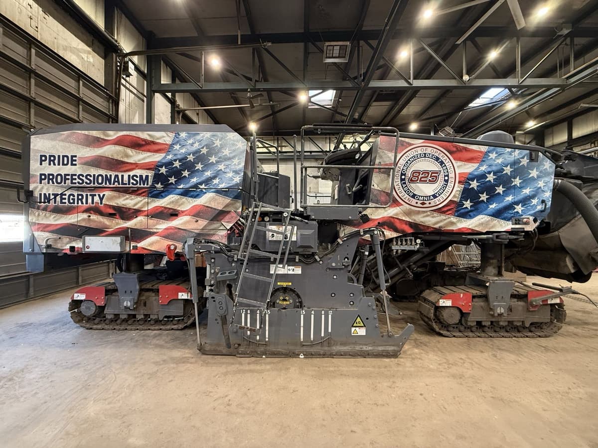 IUOE Local 825 road milling machine wrapped in American flag vinyl