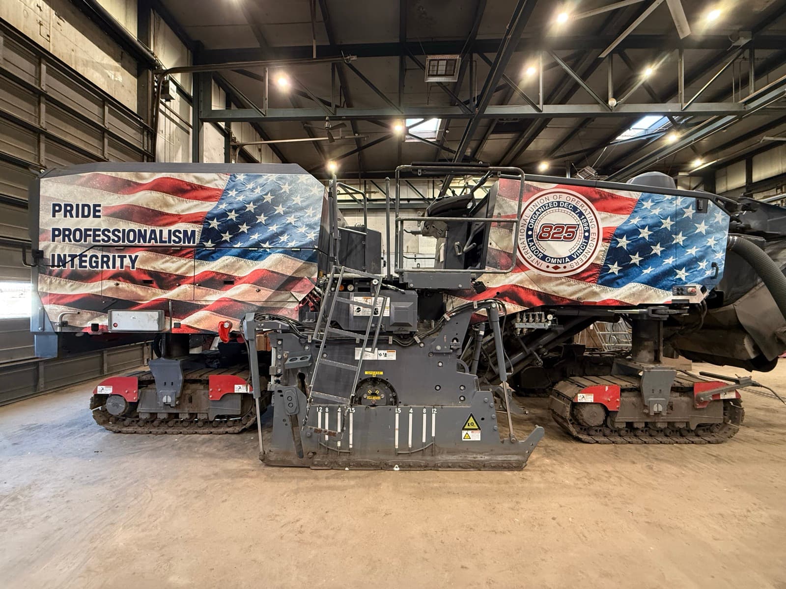 IUOE Local 825 road milling machine wrapped in American flag vinyl